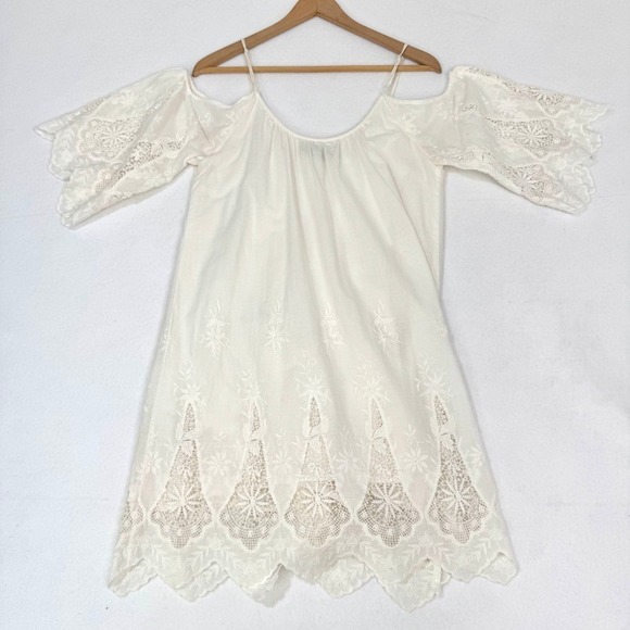 4SI3NNA White Lace Cold Shoulder Embroidered Eyelet Boho Bridal Mini Dress M - Picture 5 of 5